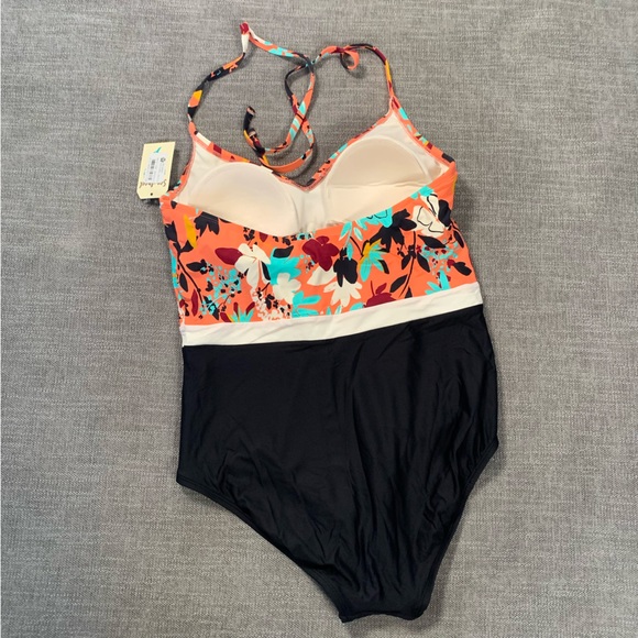 Sea Angel Halter Orange Floral Swimsuit Meadowdale Black Cheeky Bottom Womens L - Picture 6 of 14